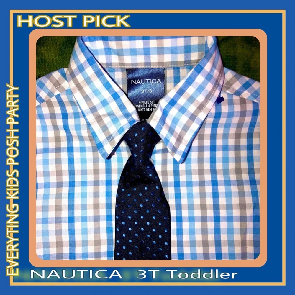 Nautica Long Sleeve Shirt 3T Blue Green Check & Clip Navy Dotted Tie 3T